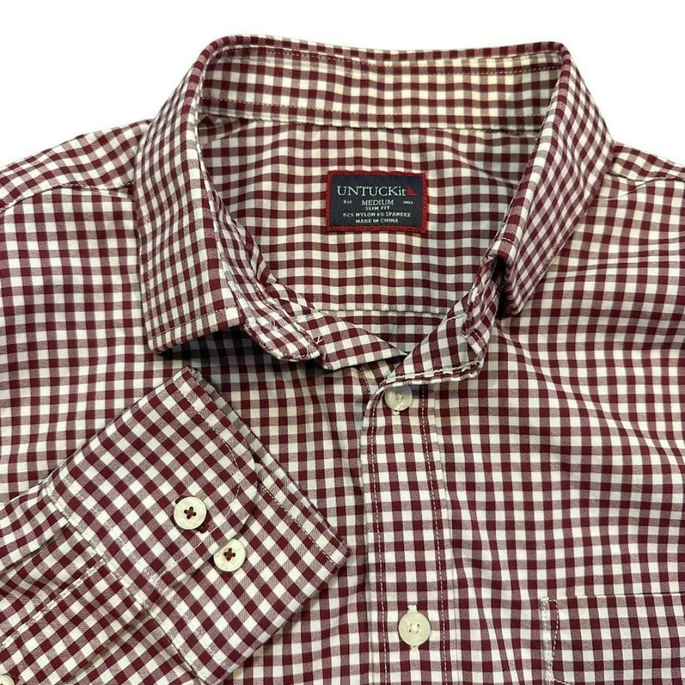 UNTUCKit Red Check Slim Fit Performance Nylon Blend Button Up Dress Shirt Mens L